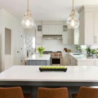 White kitchen with two islands perpendicular to each other