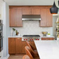 Walnut slab cabinets and shaker style white kitchen cabinets