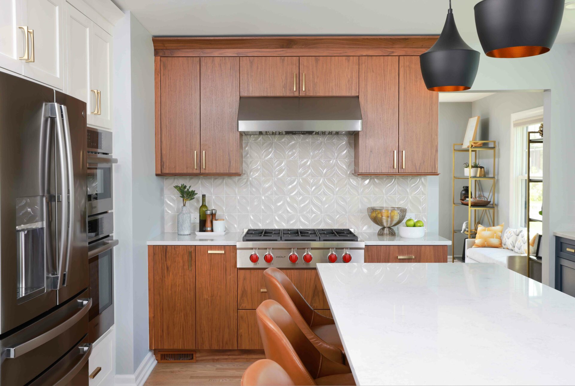 Walnut slab cabinets and shaker style white kitchen cabinets
