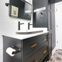 Black vanity with drop in sink in the bathroom