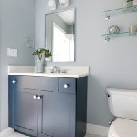 Kids hall bathroom with hex tile and blue vanity