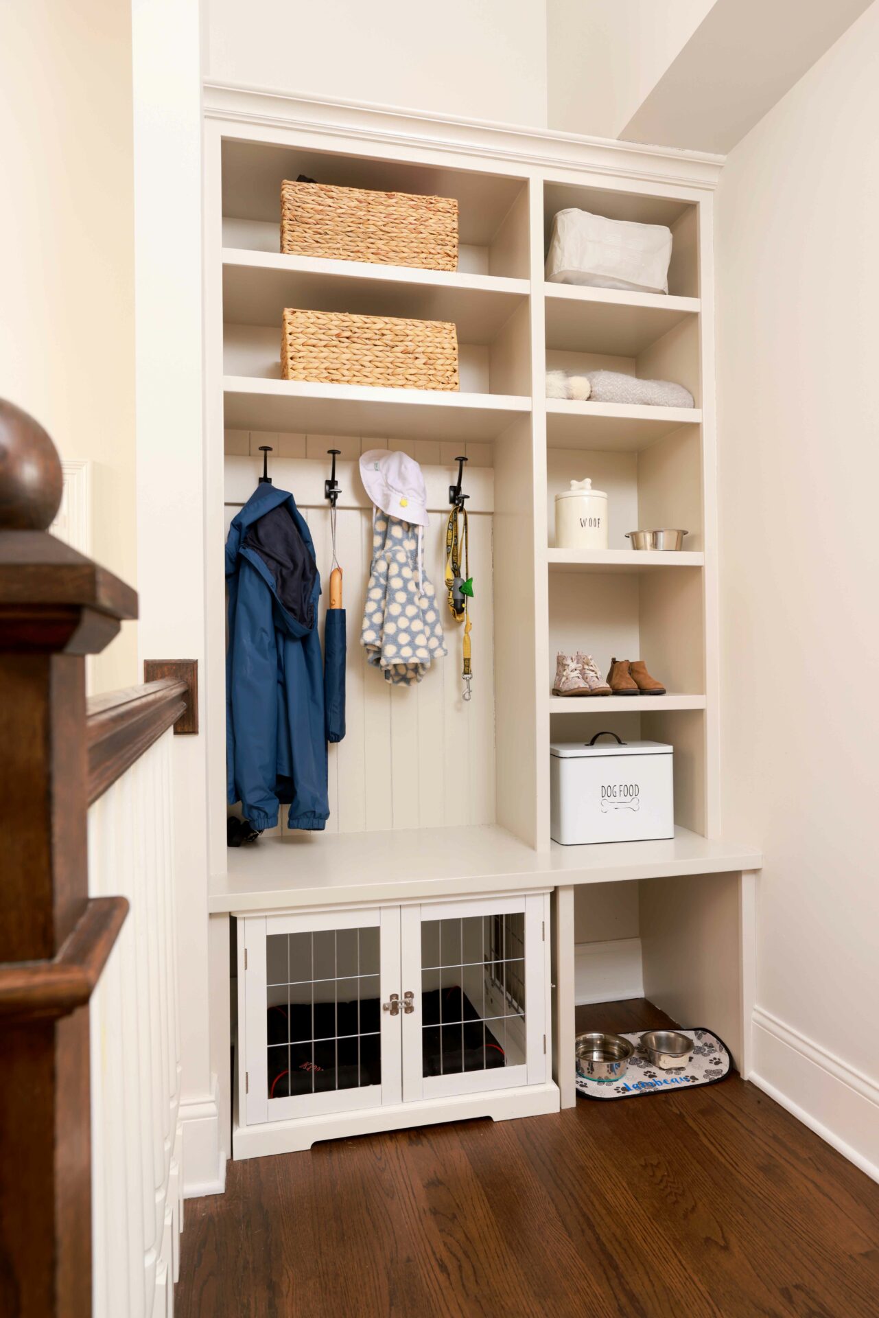 mudroom with space for a dog crate