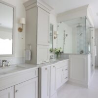 gray bathroom with separate shower and double vanities
