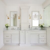 light gray cabinetry in large primary bathroom