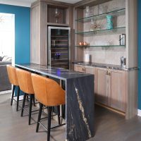 Arlington Heights home bar with black and gold waterfall edge countertop