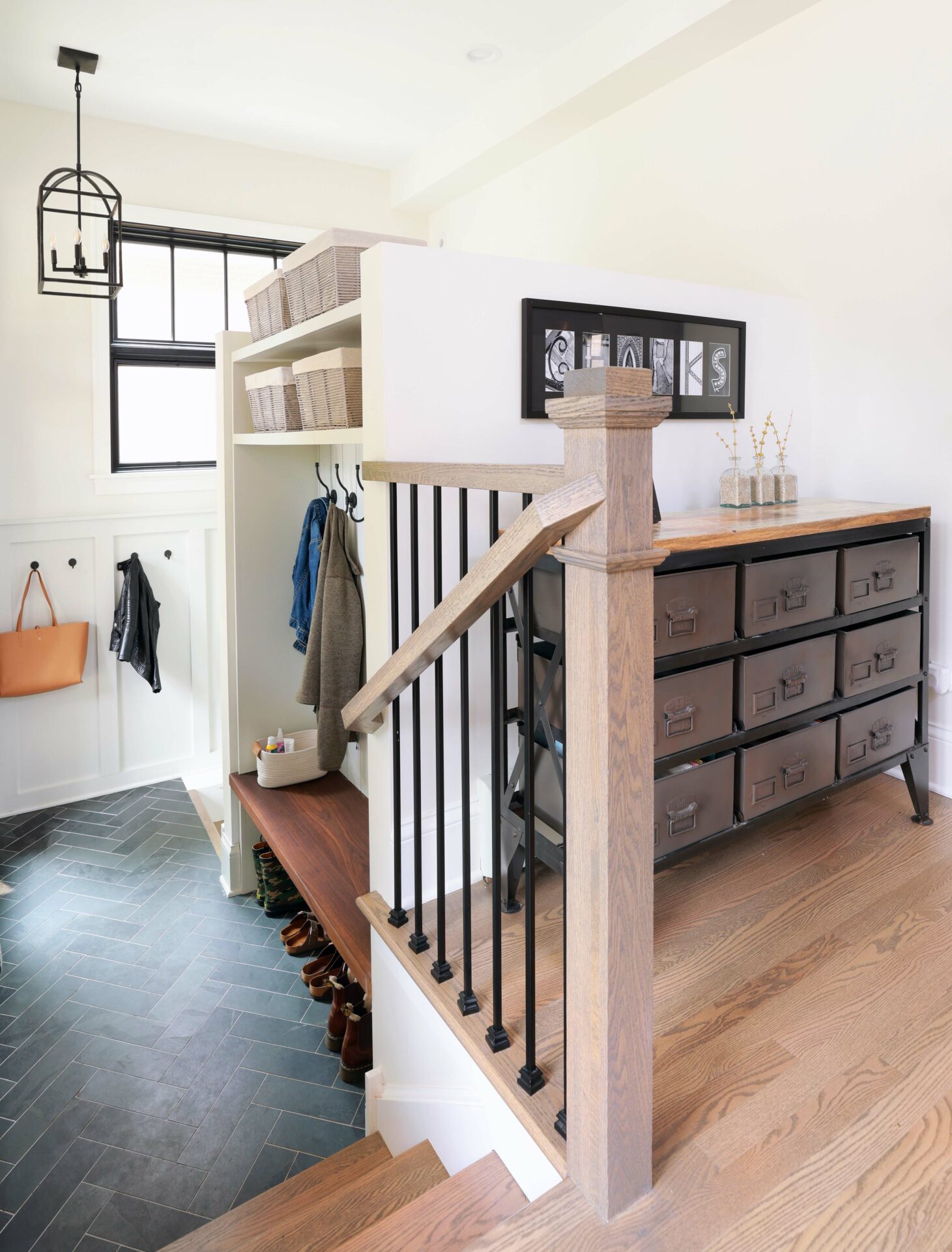 mudroom storage along the stairs