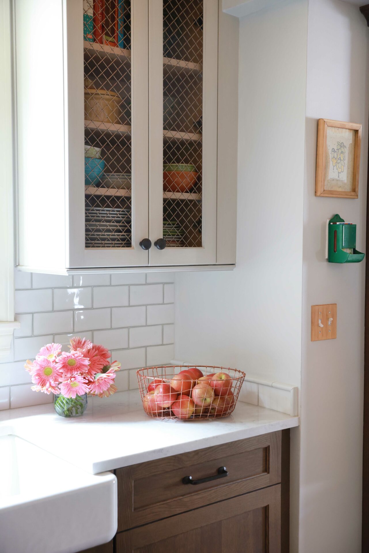 kitchen with wire mesh cabinet fronts