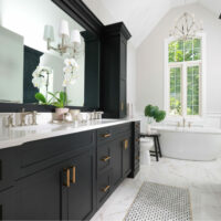 Black bathroom cabinets with white tub