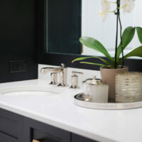 Black bathroom cabinets with white countertop