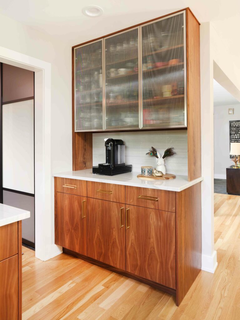 MCM kitchen beverage center with walnut cabinetry
